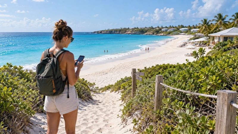 Traveller using a smartphone beside a white-sand beach in Anguilla.