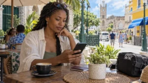 Traveller comparing mobile options at an outdoor café in Bridgetown