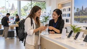 Traveller comparing mobile options in a Cambodian phone shop