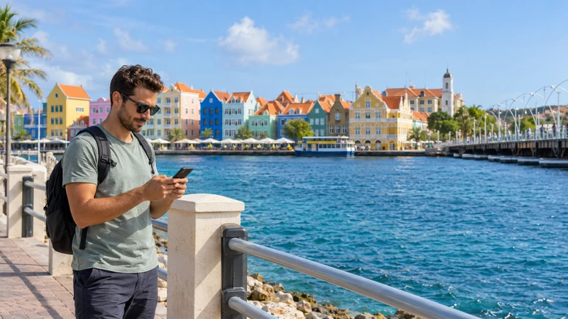 Traveller using a smartphone beside Willemstad harbour and colourful buildings in Curaçao.