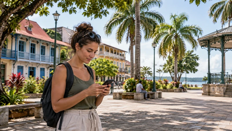 Traveller using a smartphone in a palm-lined square in Cayenne, French Guiana.