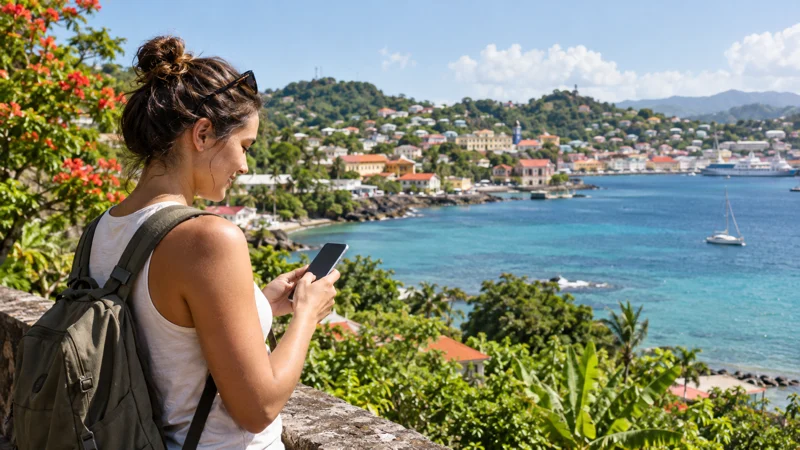 Traveller using a smartphone by the coast in Grenada