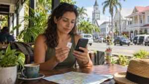 Traveller comparing a SIM card and smartphone at a cafe in Georgetown, Guyana