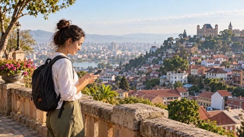 Traveller using a smartphone overlooking Antananarivo, Madagascar.