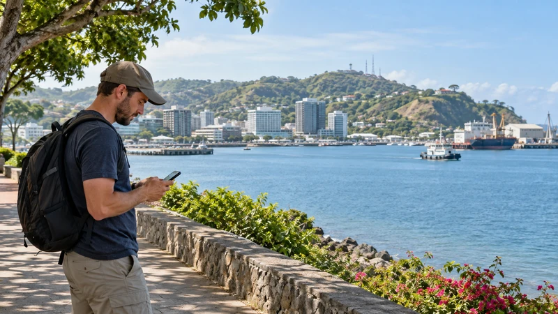 Traveller using a smartphone overlooking Port Moresby harbour, Papua New Guinea.
