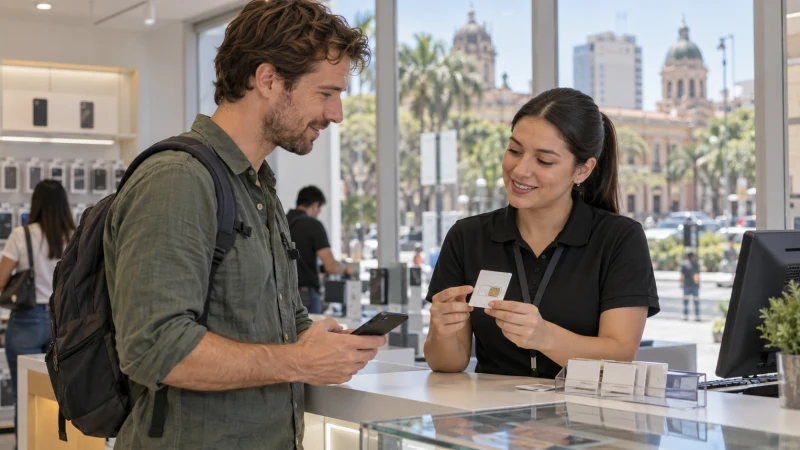 Traveller receiving a physical SIM card at a mobile shop in Asunción
