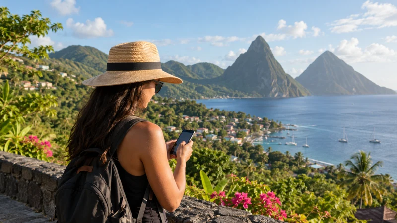 Traveller checking a smartphone in Saint Lucia