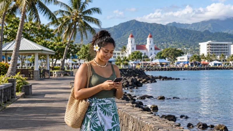 Traveller using a smartphone by the waterfront in Apia, Samoa