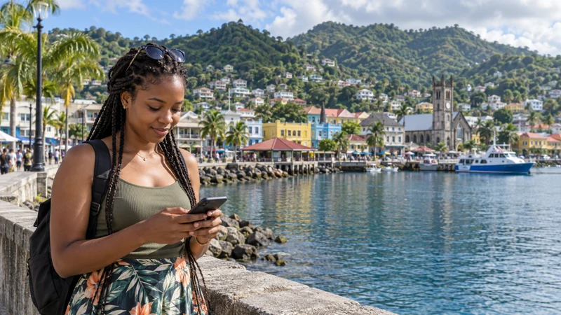 Traveller using a smartphone on the Kingstown waterfront, St Vincent and the Grenadines