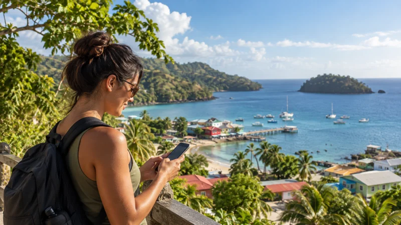 Traveller using a smartphone on the coast of Trinidad and Tobago