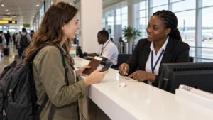 Traveller arranging mobile service at an airport counter in Zambia