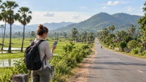 Traveller checking mobile coverage along a rural Cambodian road