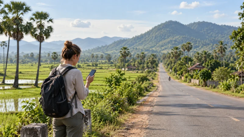 Traveller checking mobile coverage along a rural Cambodian road