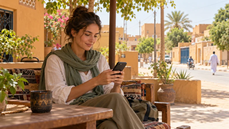 Traveller using a smartphone in a shaded courtyard in N’Djamena, Chad