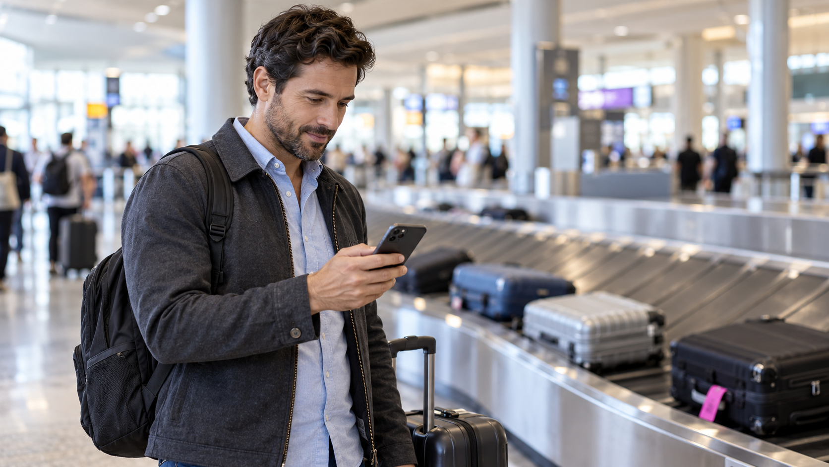 Traveler checking his phone beside an airport baggage reclaim carousel.