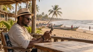 Traveller checking a smartphone at a seaside terrace in The Gambia