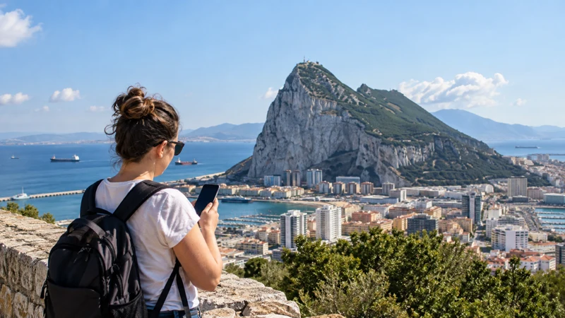 Traveller checking a smartphone overlooking the Rock of Gibraltar