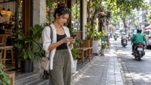 Traveller checking a smartphone outside a café in a Southeast Asian city