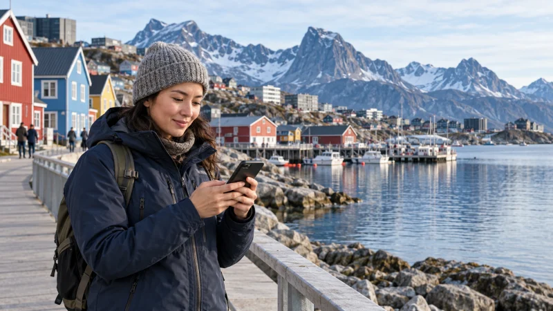 Traveller checking a smartphone beside a colourful Greenland harbour