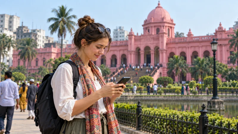 Traveller using a smartphone near Ahsan Manzil in Dhaka, Bangladesh