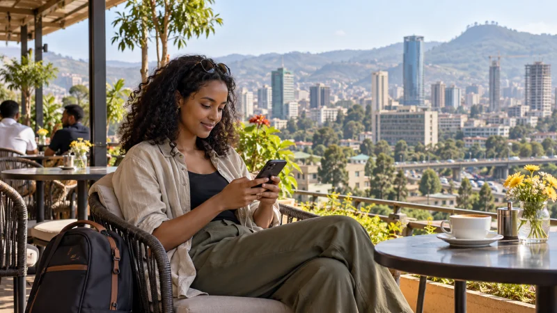 Traveller using a smartphone on a café terrace overlooking Addis Ababa, Ethiopia.
