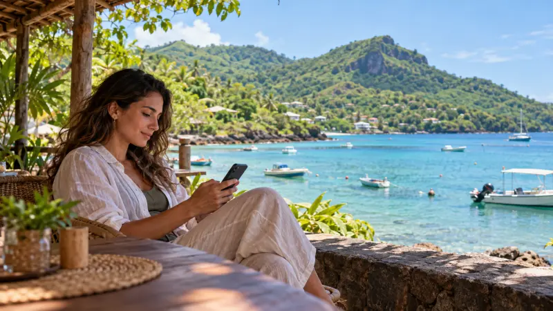 Traveller checking a smartphone on a shaded waterfront terrace in Mayotte