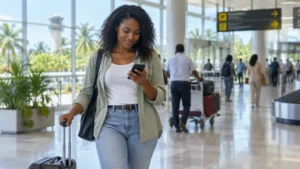 Arriving traveller using a smartphone at Cheddi Jagan International Airport in Guyana