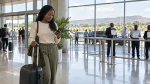 Traveller checking mobile data in the Lusaka airport arrivals hall