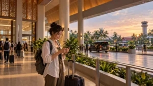 Traveller checking transport details at Siem Reap Angkor Airport