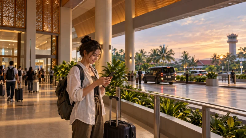Traveller checking transport details at Siem Reap Angkor Airport