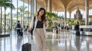 Arriving traveller using a smartphone at Techo International Airport