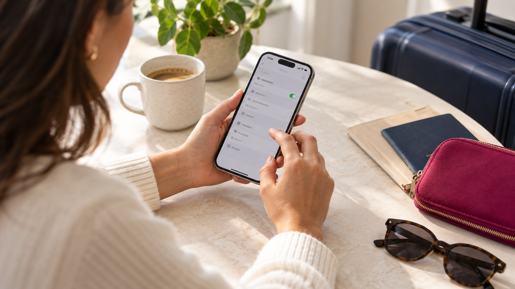 Traveler checking settings on an iPhone before a trip.