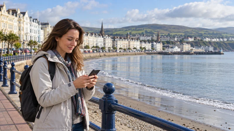 Traveller checking a smartphone on the Douglas seafront, Isle of Man