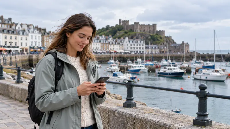 Traveller checking a smartphone beside a harbour in Jersey