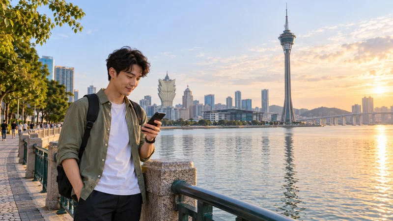 Traveller checking a smartphone beside the water with Macau Tower in the background.