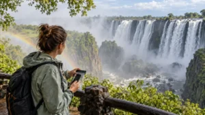Traveller protecting a smartphone from spray at Victoria Falls