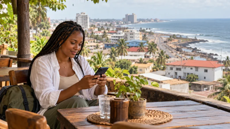Traveller using a smartphone at a shaded terrace overlooking a coastal city in Liberia
