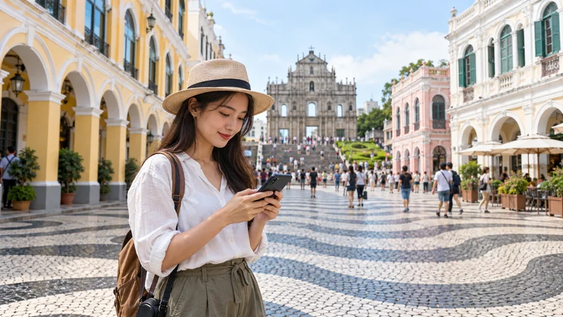 Traveller checking a smartphone amid Macau’s historic architecture and patterned paving.
