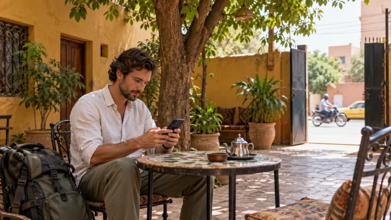 Traveller using a smartphone in a shaded guesthouse courtyard in Bamako, Mali
