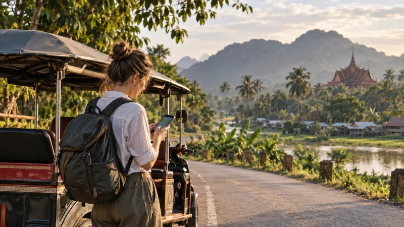 Traveller using smartphone navigation on a road trip in Cambodia