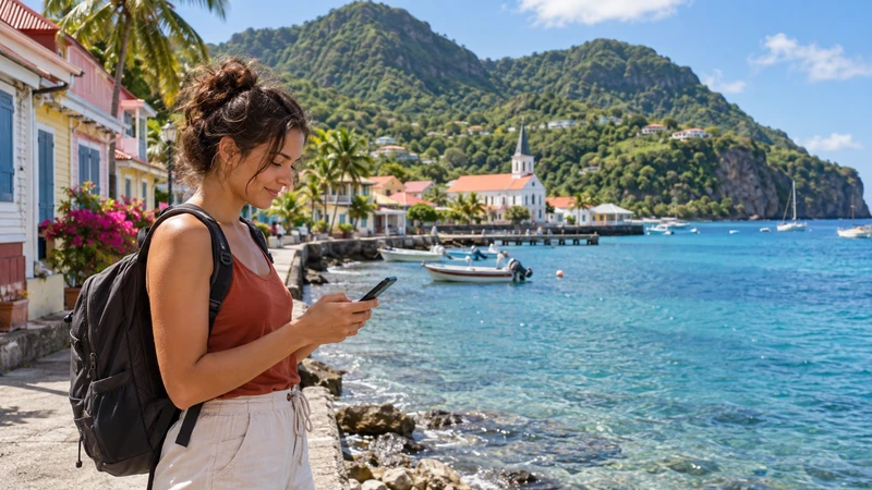 Traveller using a smartphone beside a coastal village in Guadeloupe.