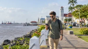 Traveller using a smartphone on the Georgetown waterfront in Guyana