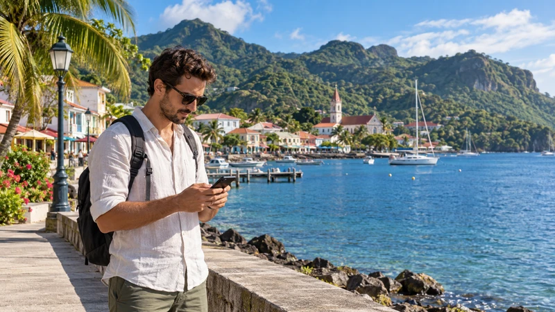 Traveller using a smartphone overlooking a coastal town and marina in Martinique.
