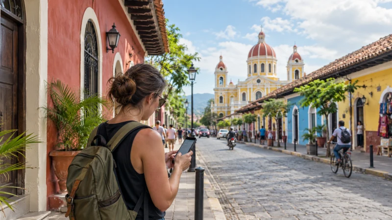 Traveller using mobile internet in León, Nicaragua
