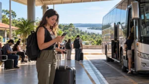 Traveller checking mobile internet before boarding an intercity coach in Paraguay