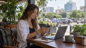 Traveller using a smartphone and laptop at a cafe in Lusaka