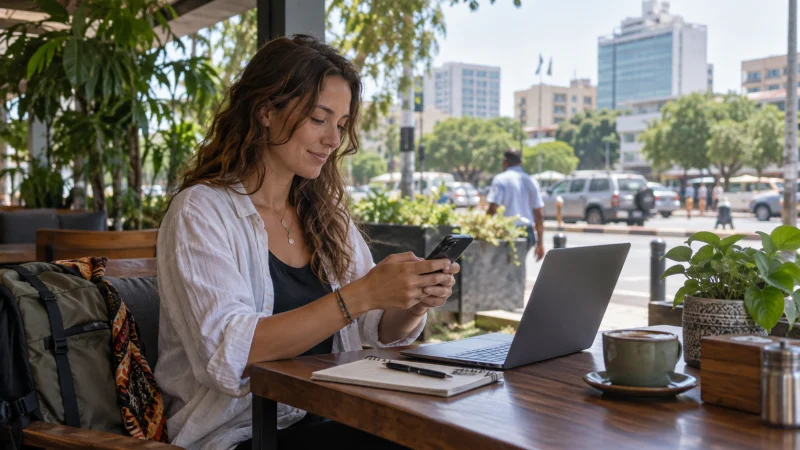 Traveller using a smartphone and laptop at a cafe in Lusaka