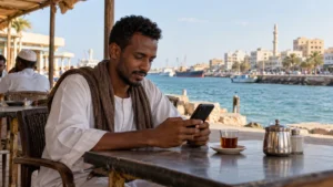 Man using a smartphone at a shaded café beside a Sudanese waterfront.