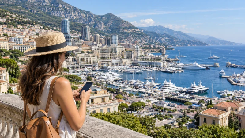 Traveller using a smartphone overlooking Monaco harbour