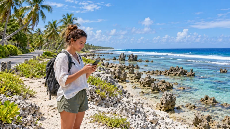 Traveller checking a smartphone beside a rocky, palm-lined coast in Nauru